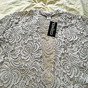 CARDIGAN, FULL LACE, OYSTER, SIZE 3X, MADE IN MONTREAL CANADA, STRETCH LACE EDGE